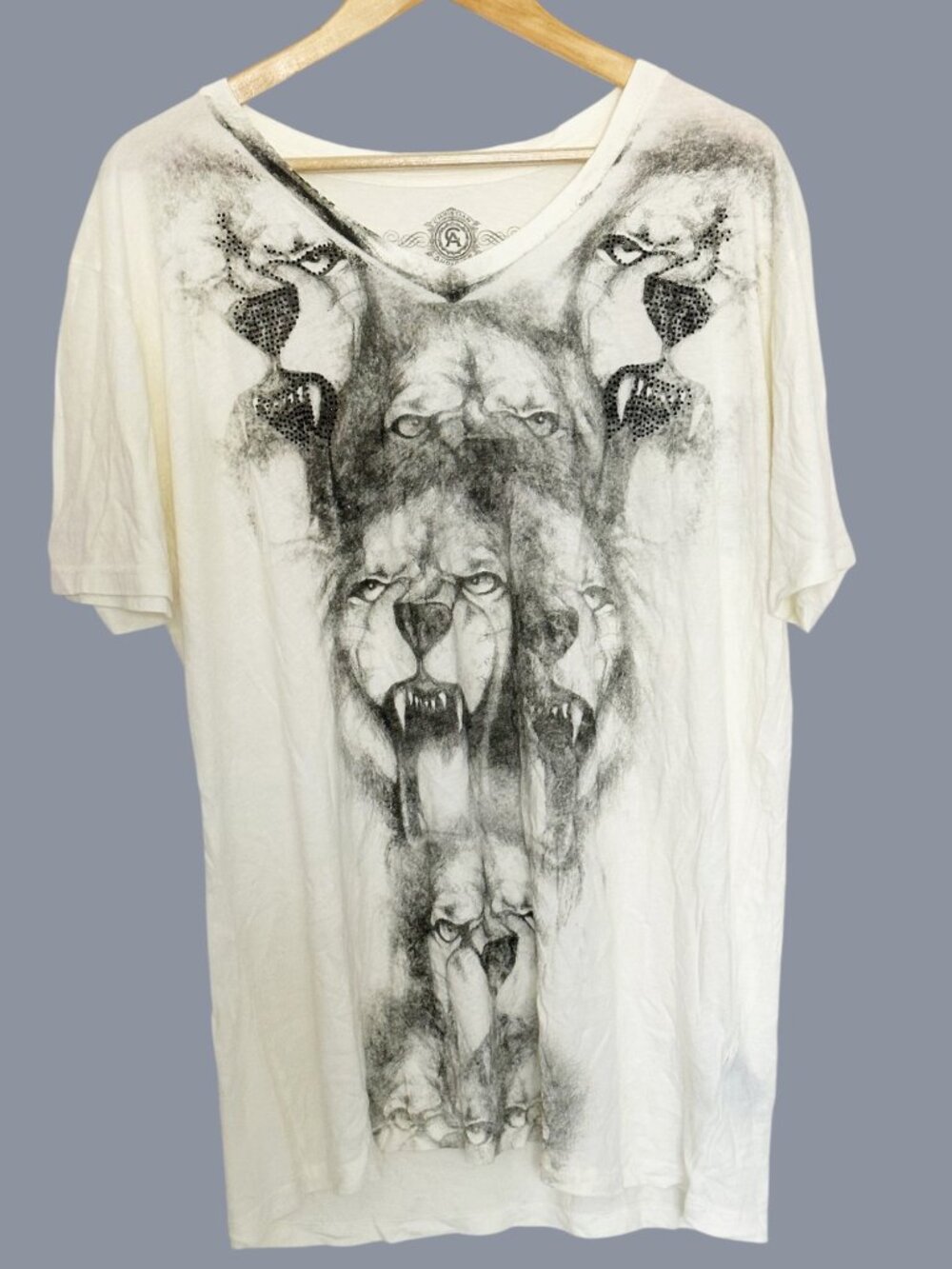 Christian Audigier T-Shirt XL Offwhite Graphic Rhinestone Lions Y2K Streetwear